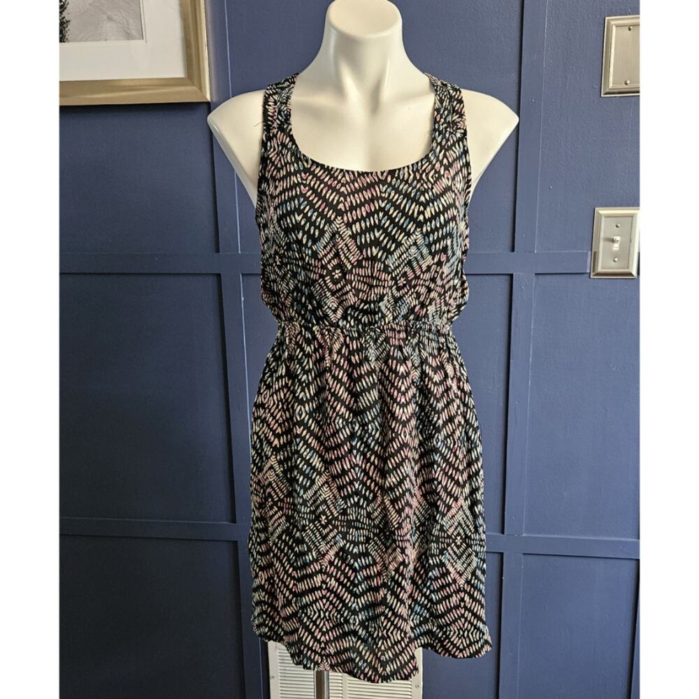 Angie Cross Back Printed Boho Mini Sun Dress sz M New